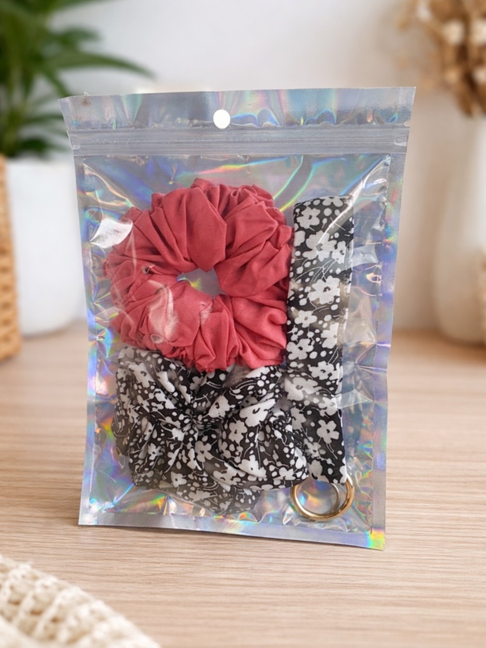 Scrunchie & Floral Hair Accessory Set - Coral Pink & Black/White